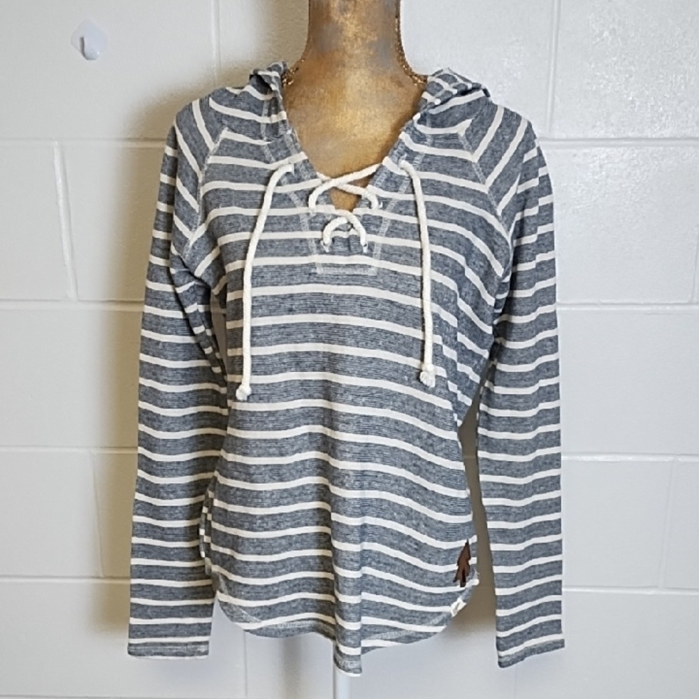 Navy & Cream Striped Nautical Rope Lacing Tie Soft French Terry Hoodie Shirt